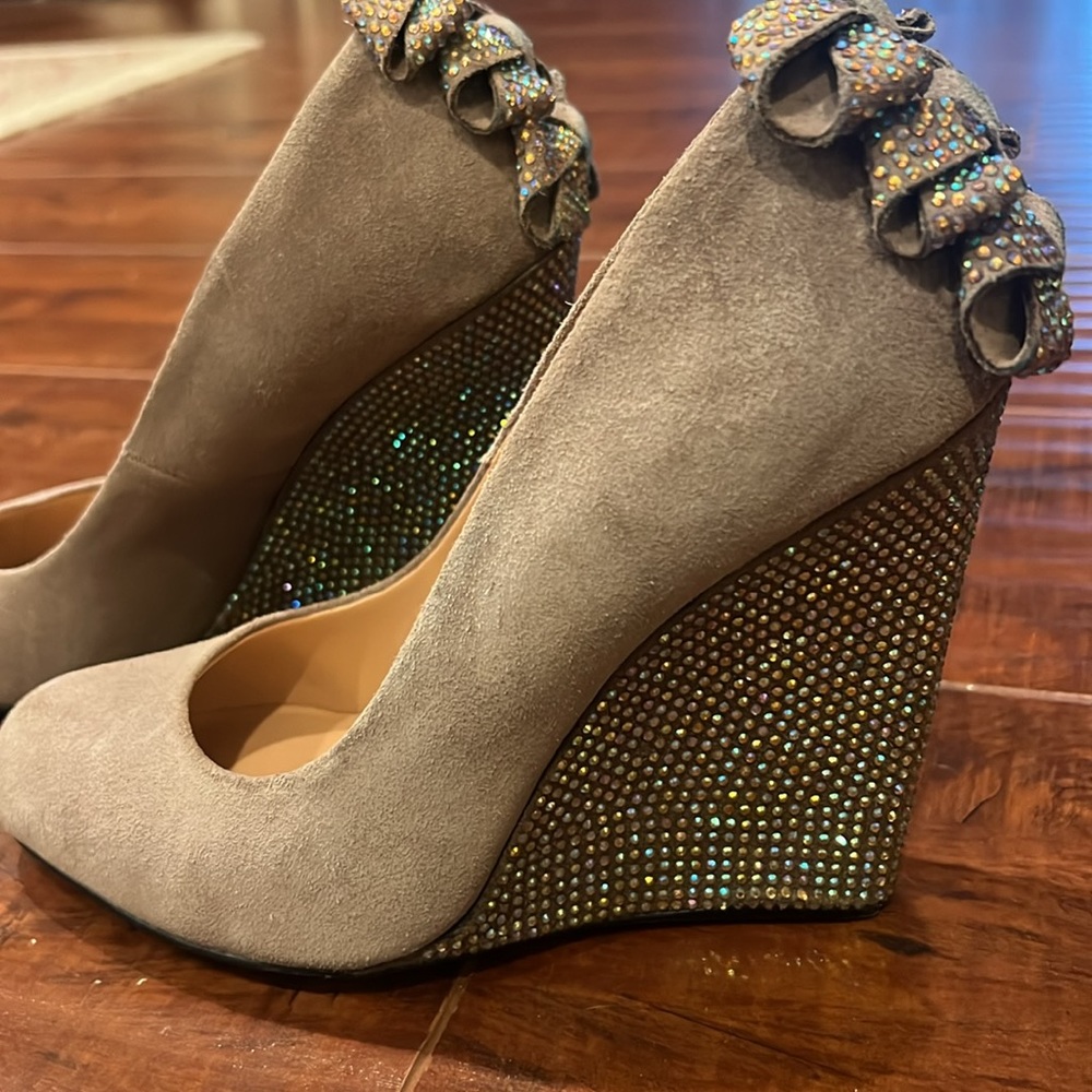 Betsey Johnson Wedge Heels,Tan Suede, Iridescent Rhinestones, Sz 6.5 Never Worn
